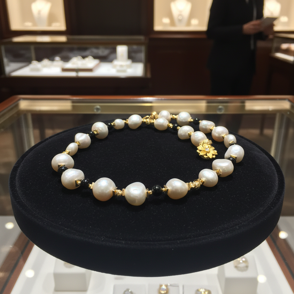 Collier en perles de culture baroque et onyx