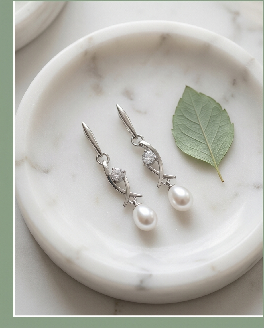 White and olive cultured pearl earrings