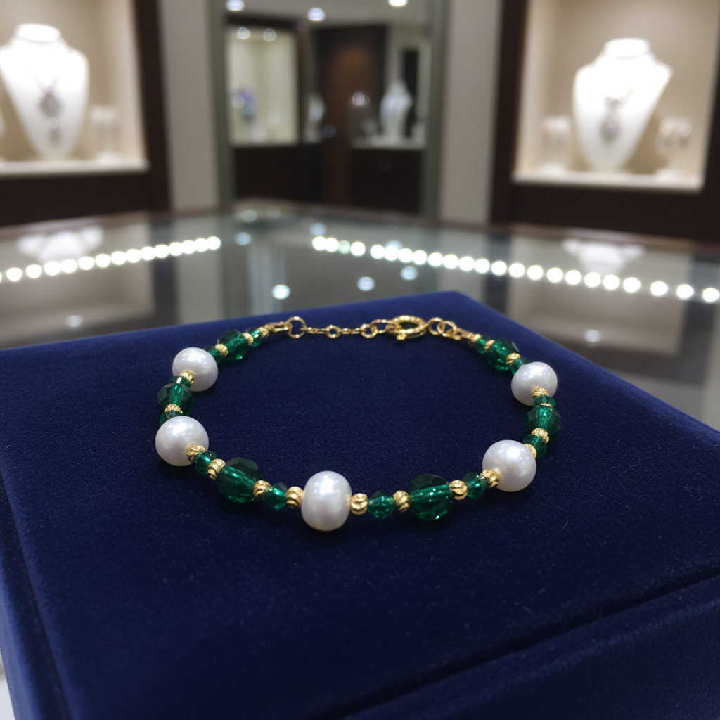 Bracelet en perles de culture et cristaux vert foncé