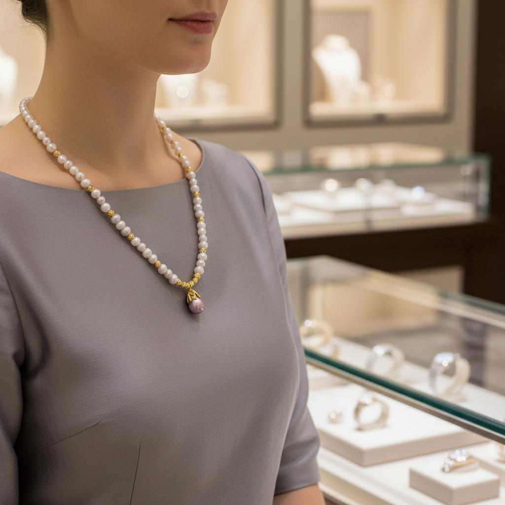 Collier en perles de culture grise et son pendentif baroque