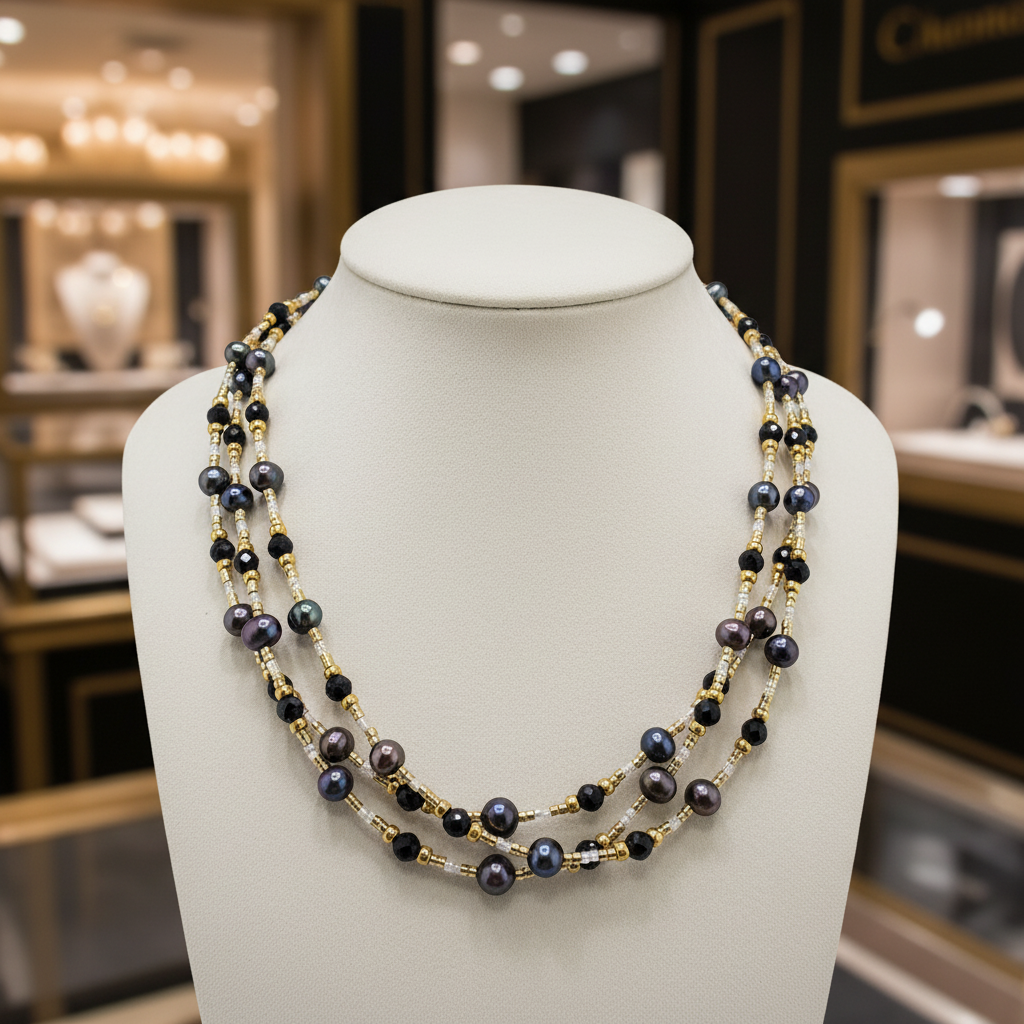 Collier de 3 rangs de perles de culture bleu marine