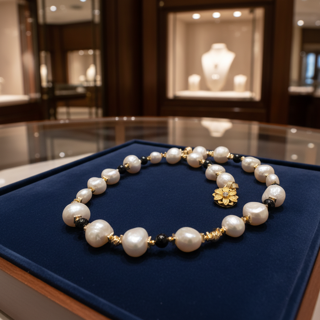 Collier en perles de culture baroque et onyx