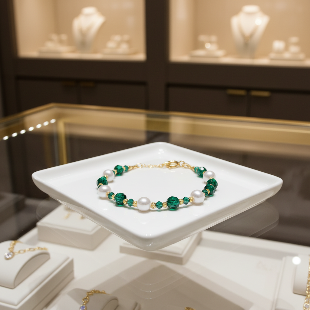 Bracelet en perles de culture et cristaux vert foncé