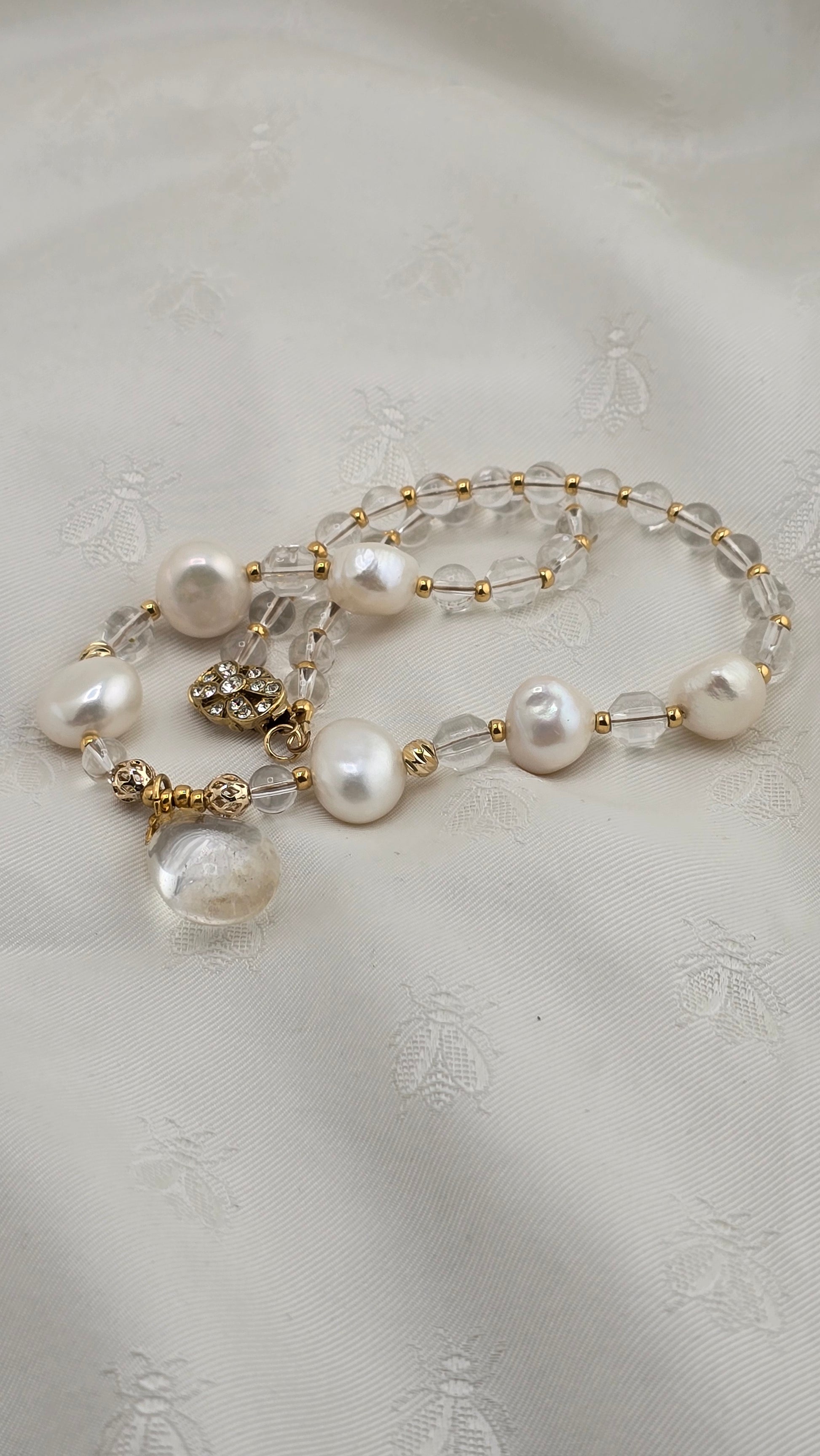 Baroque cultured pearl and rock crystal necklace in its case