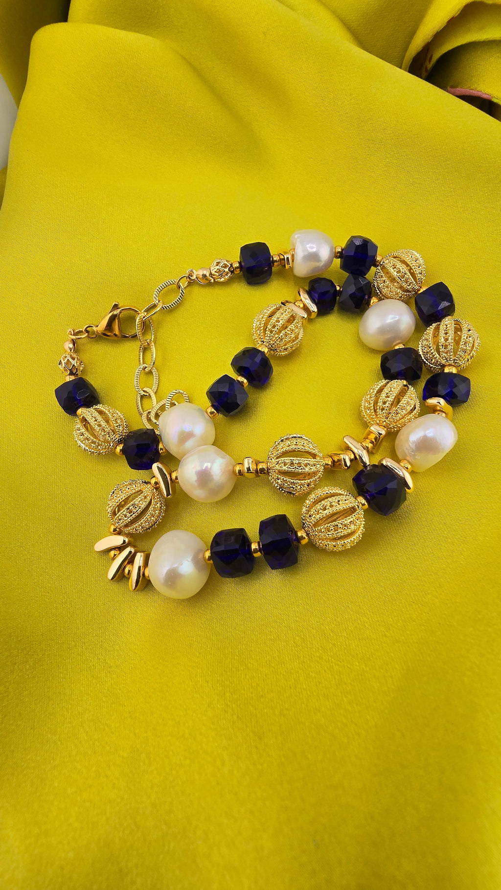 Baroque cultured pearl and blue quartz necklace in its case