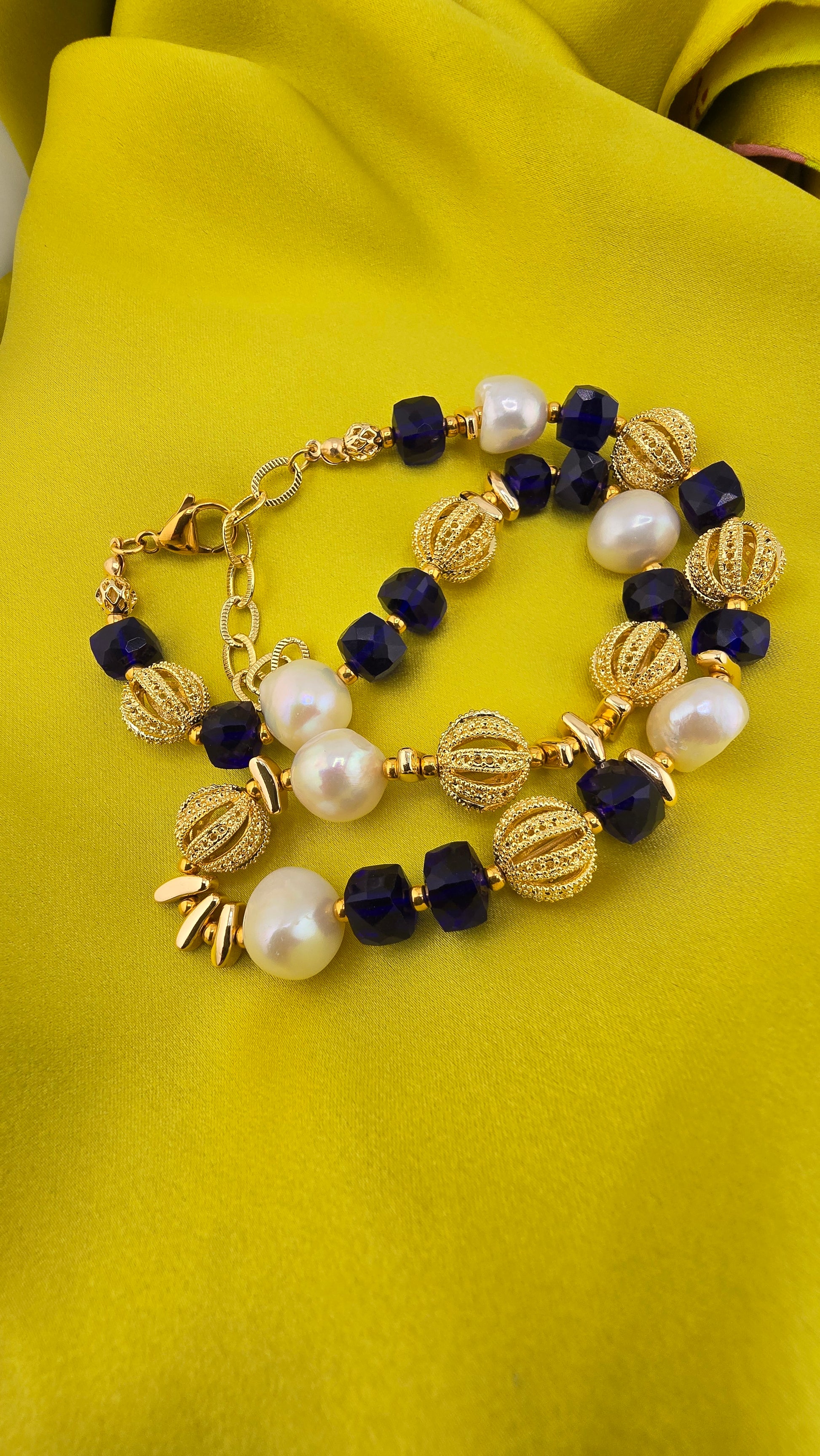 Baroque cultured pearl and blue quartz necklace in its case