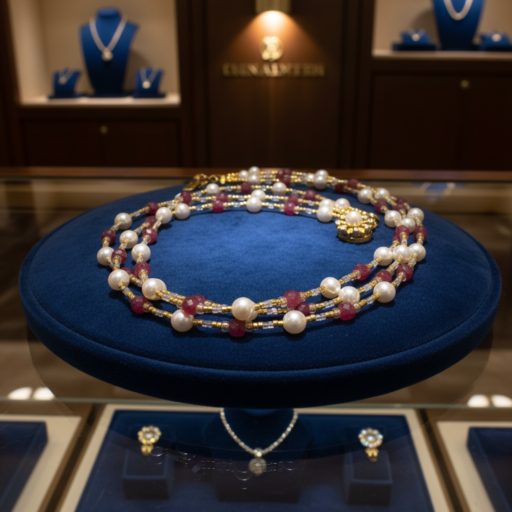 Collier de 3 rangs de perles de culture et rhodonite