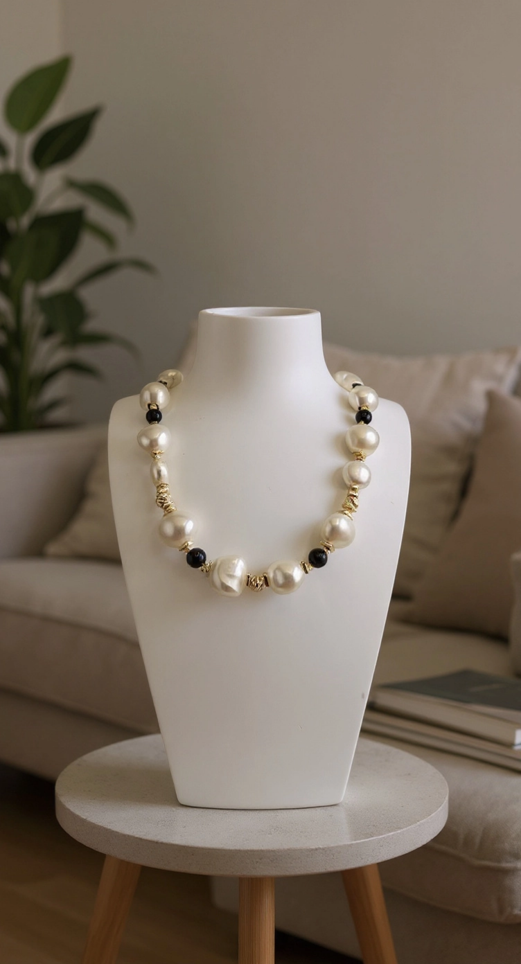 Collier en perles de culture baroque et onyx