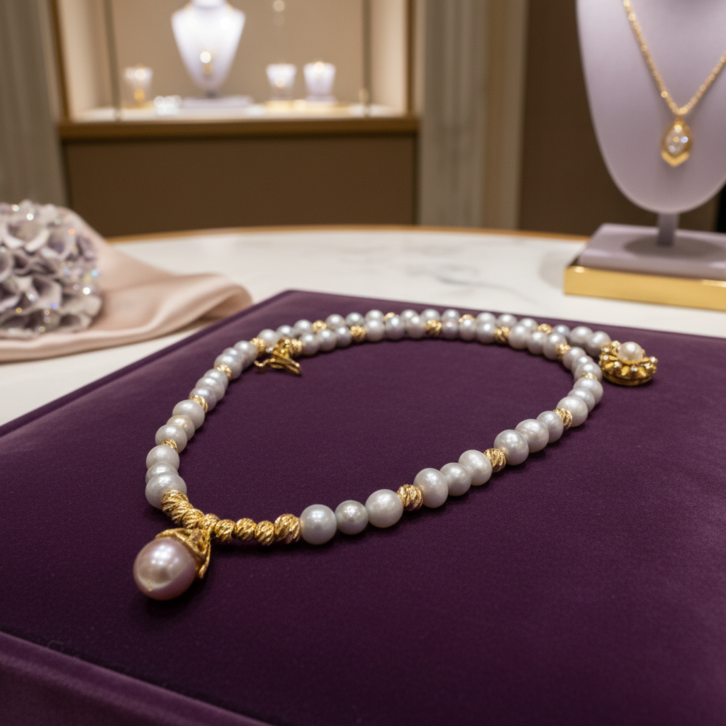 Collier en perles de culture grise et son pendentif baroque