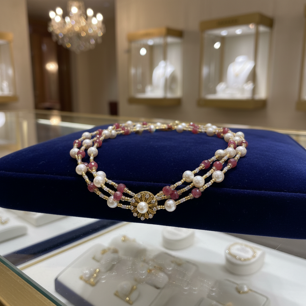 Collier de 3 rangs de perles de culture et rhodonite