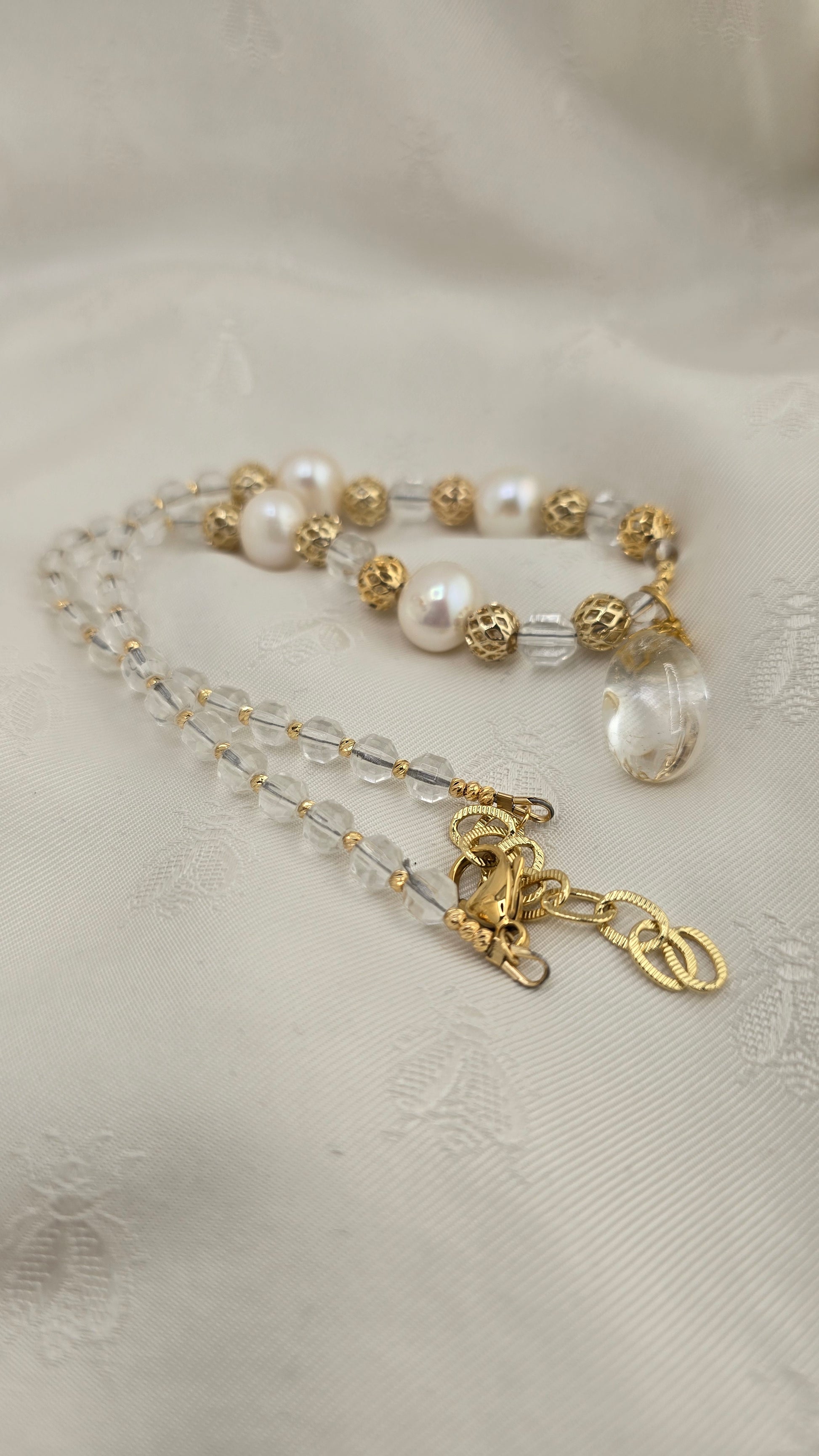 Baroque cultured pearl and rock crystal necklace in its case