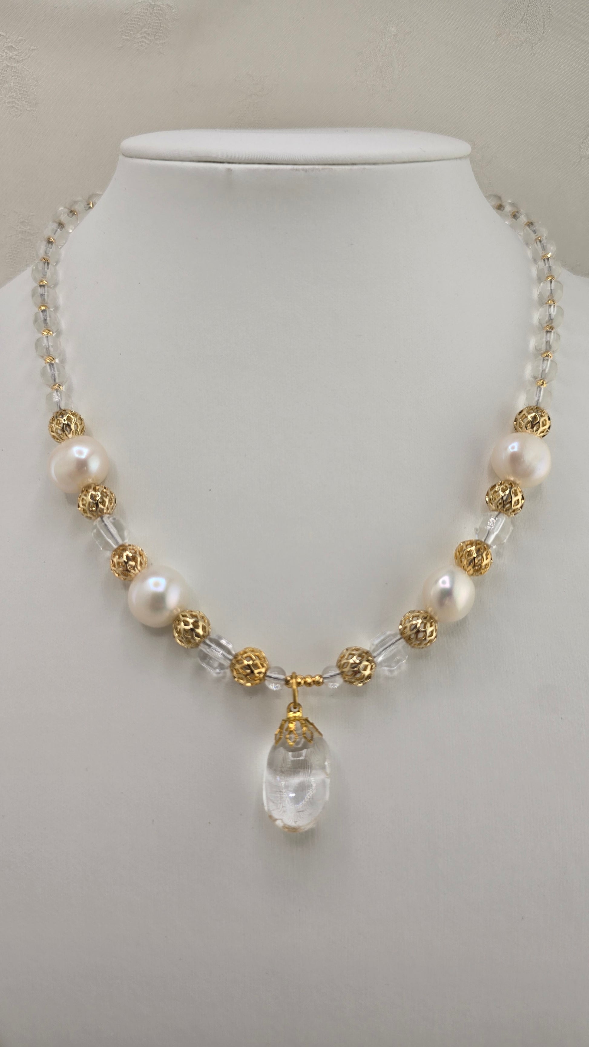 Baroque cultured pearl and rock crystal necklace in its case