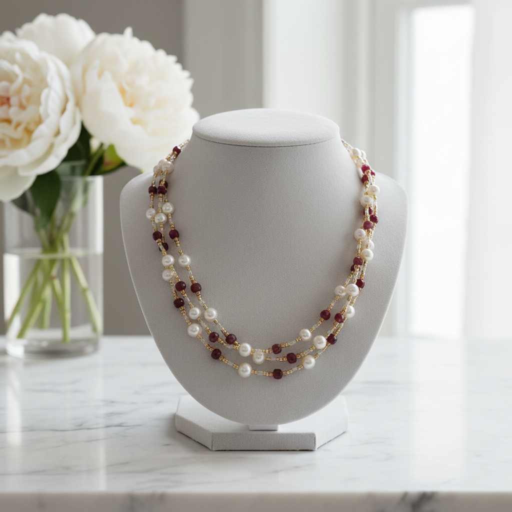 Collier de 3 rangs de perles de culture et rhodonite