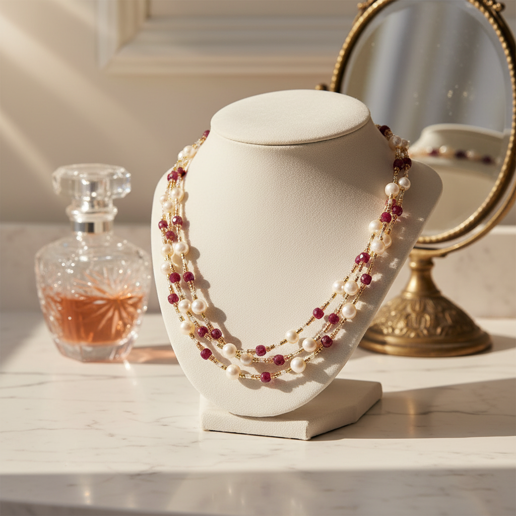 Collier de 3 rangs de perles de culture et rhodonite