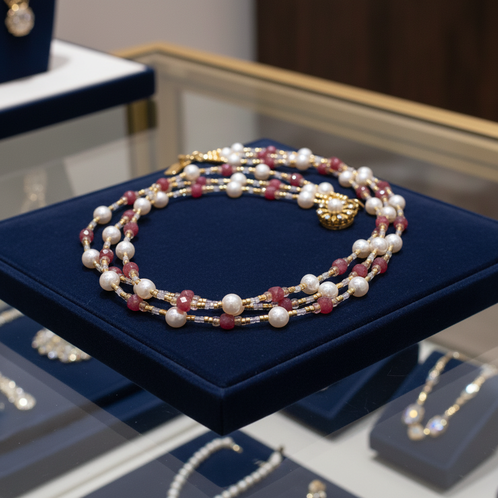 Collier de 3 rangs de perles de culture et rhodonite