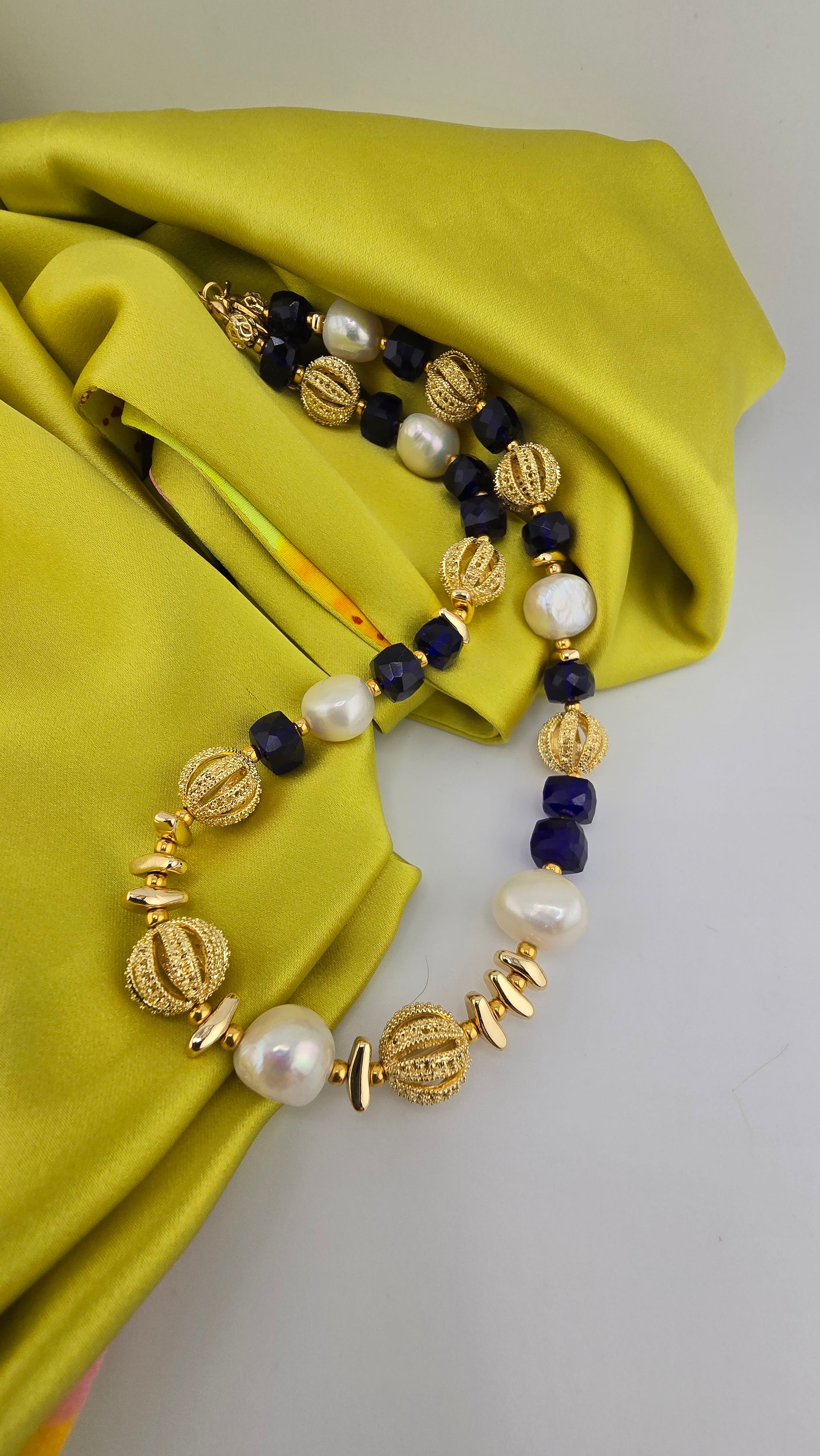 Baroque cultured pearl and blue quartz necklace in its case