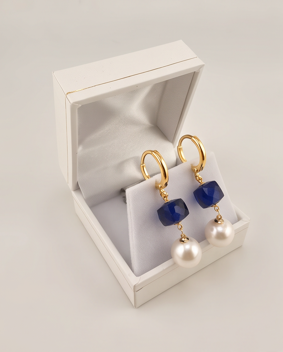Boucles d'oreilles perles de culture et quartz couleur saphir - Bleu Imperial