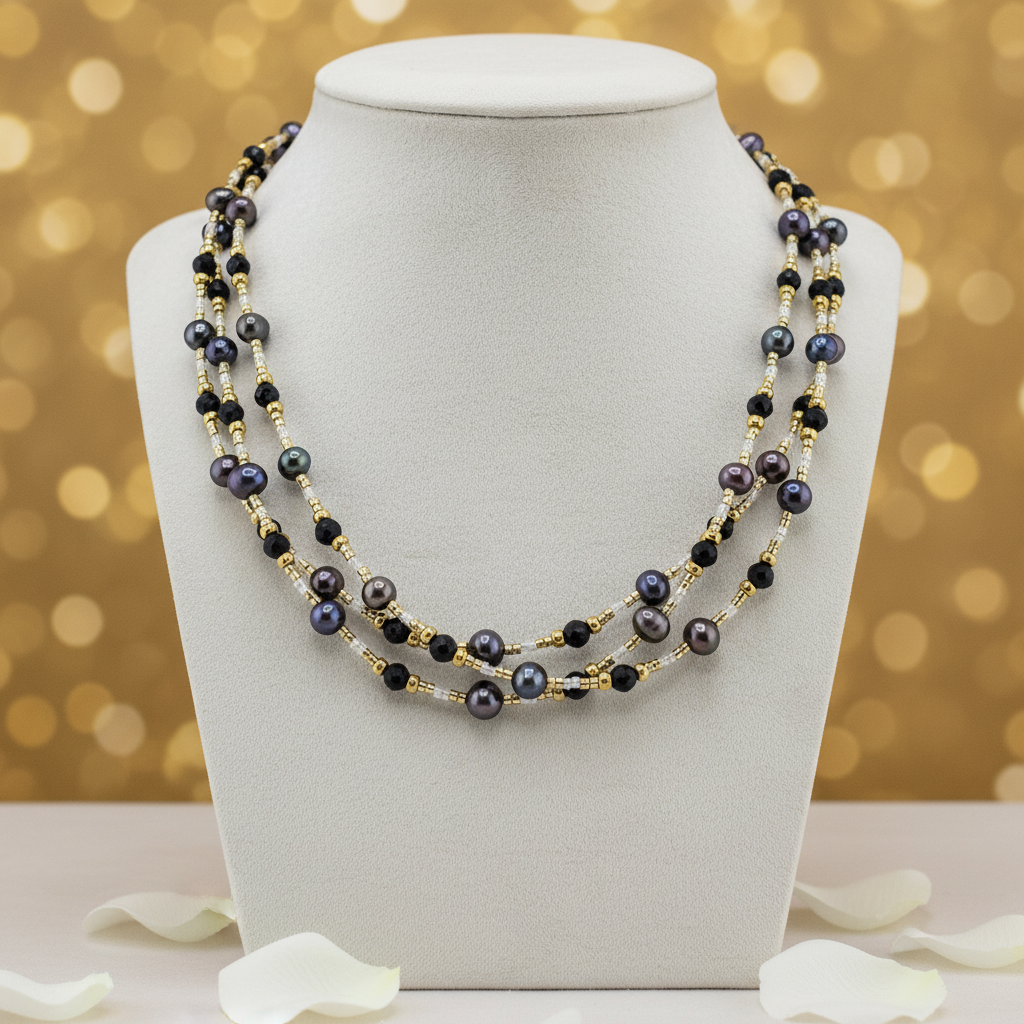 Collier de 3 rangs de perles de culture bleu marine