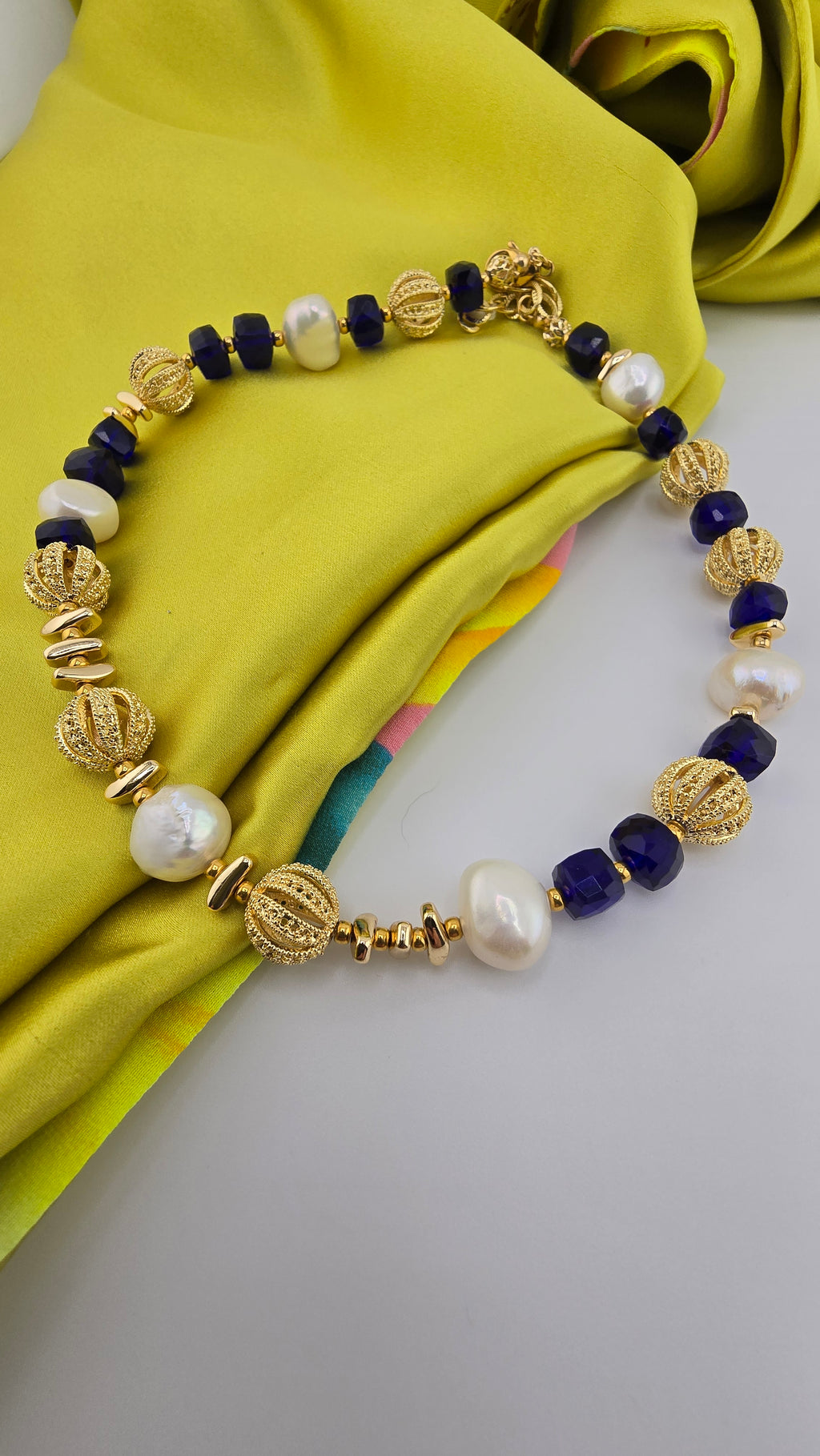 Baroque cultured pearl and blue quartz necklace in its case