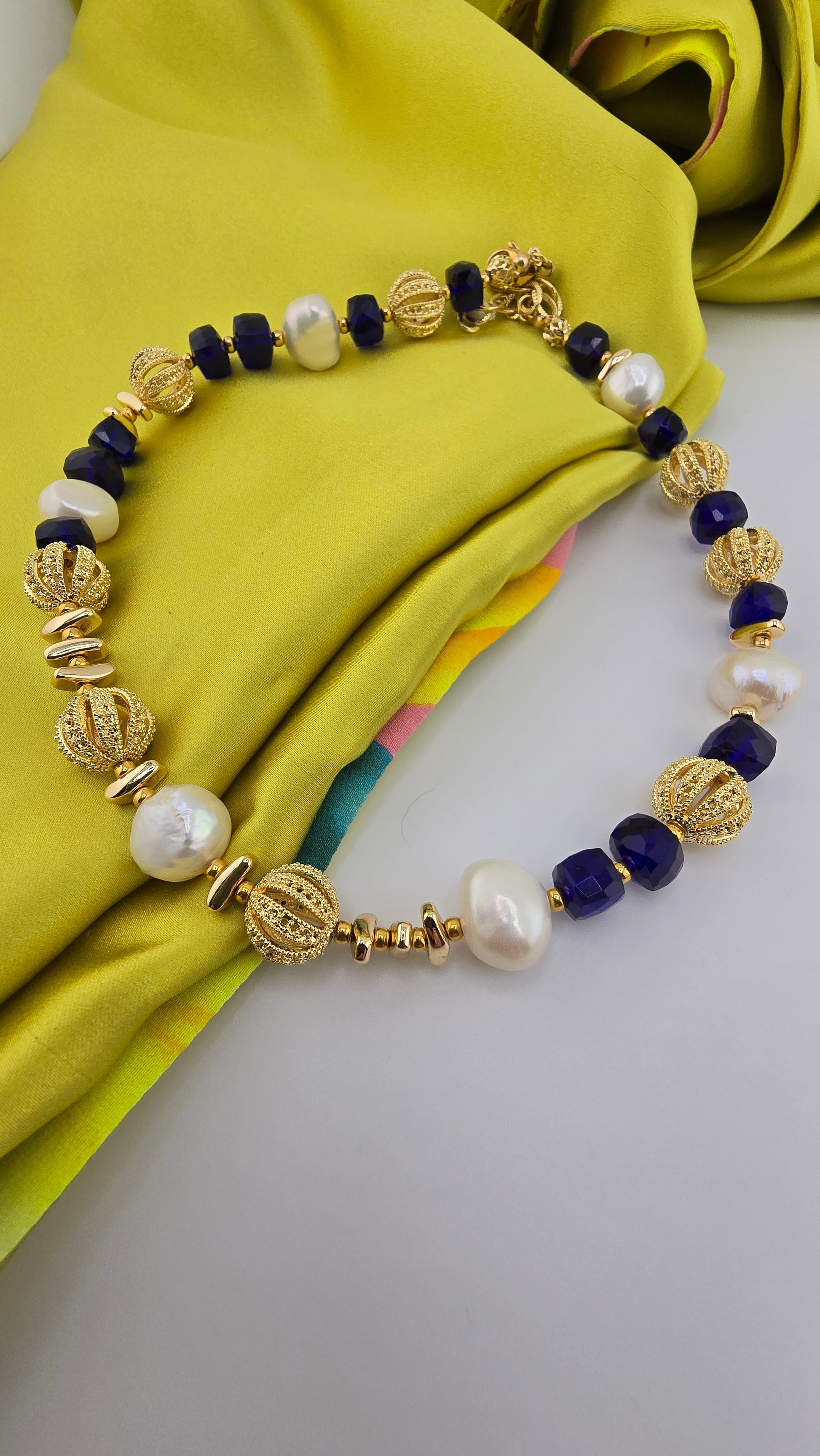 Baroque cultured pearl and blue quartz necklace in its case