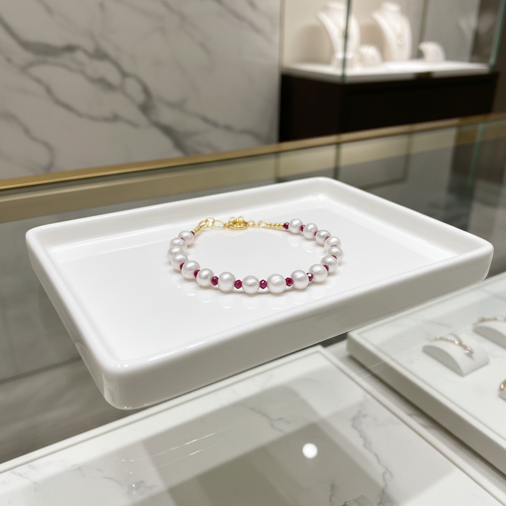 Bracelet en perles de culture et perles de cristal rouge