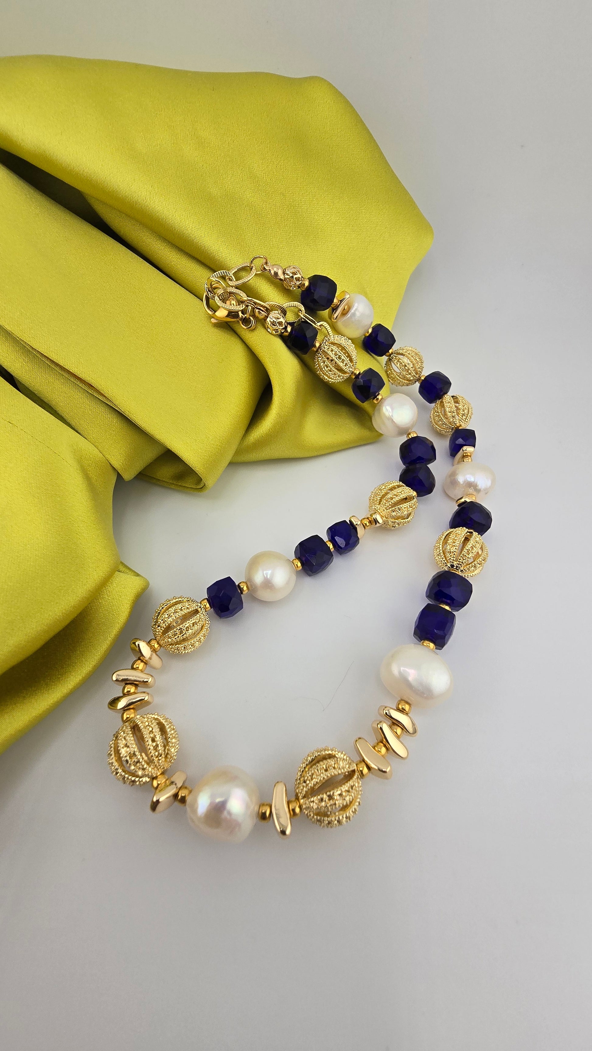 Baroque cultured pearl and blue quartz necklace in its case