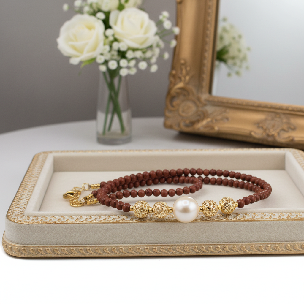 Collier en Jaspe rouge et pendentif perle de culture baroque