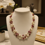 Collier de 3 rangs de perles de culture et rhodonite