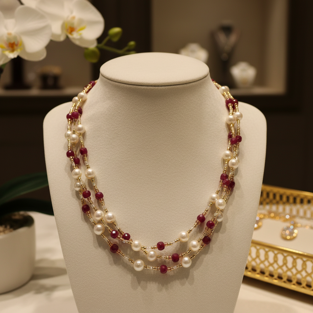 Collier de 3 rangs de perles de culture et rhodonite