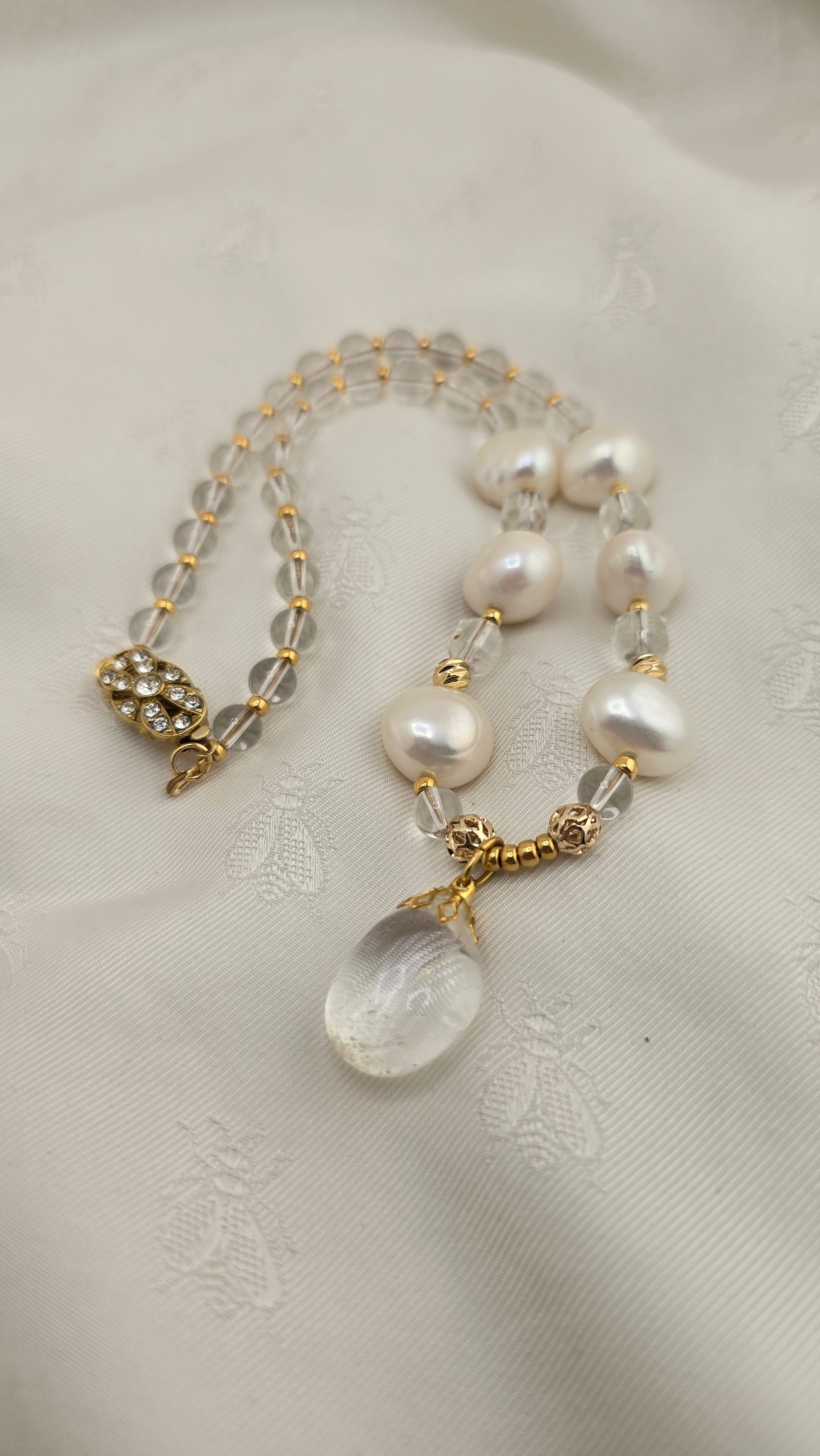 Baroque cultured pearl and rock crystal necklace in its case