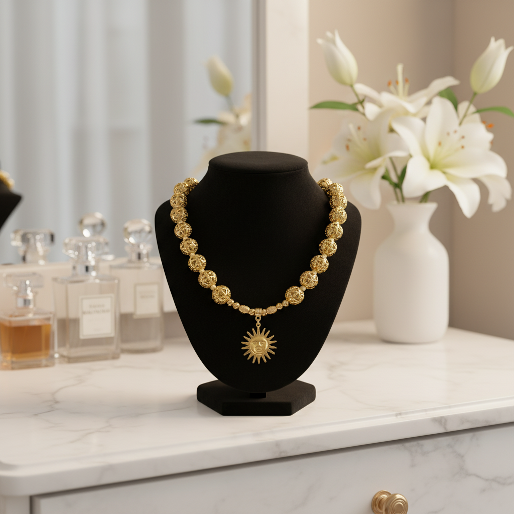 Collier doré et son pendentif soleil