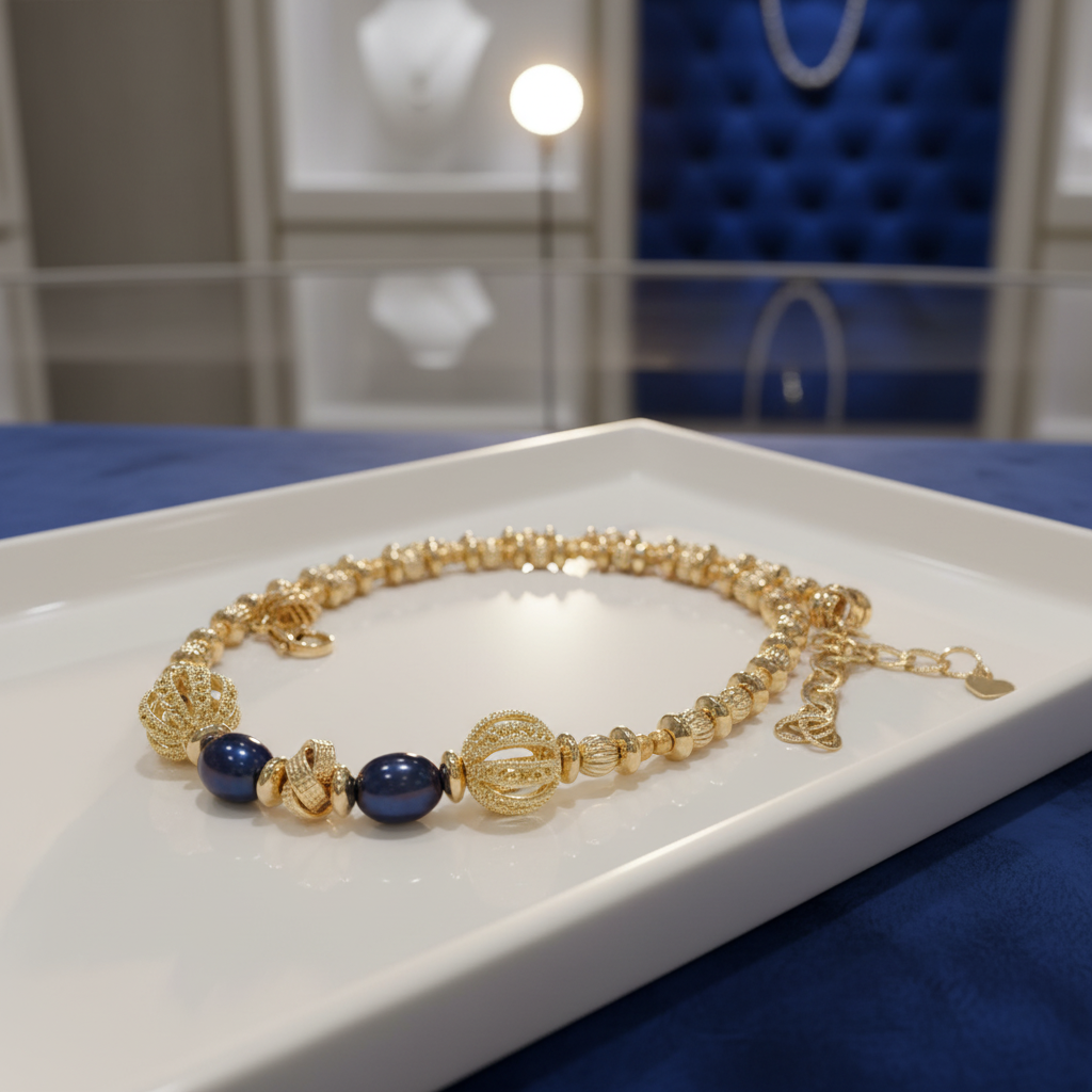 Collier en plaqué or et deux perles de culture bleu marine