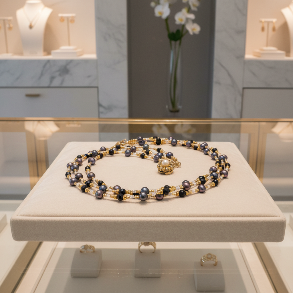 Collier de 3 rangs de perles de culture bleu marine