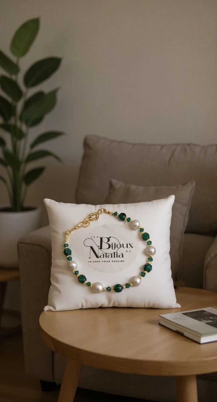 Bracelet en perles de culture et cristaux vert foncé