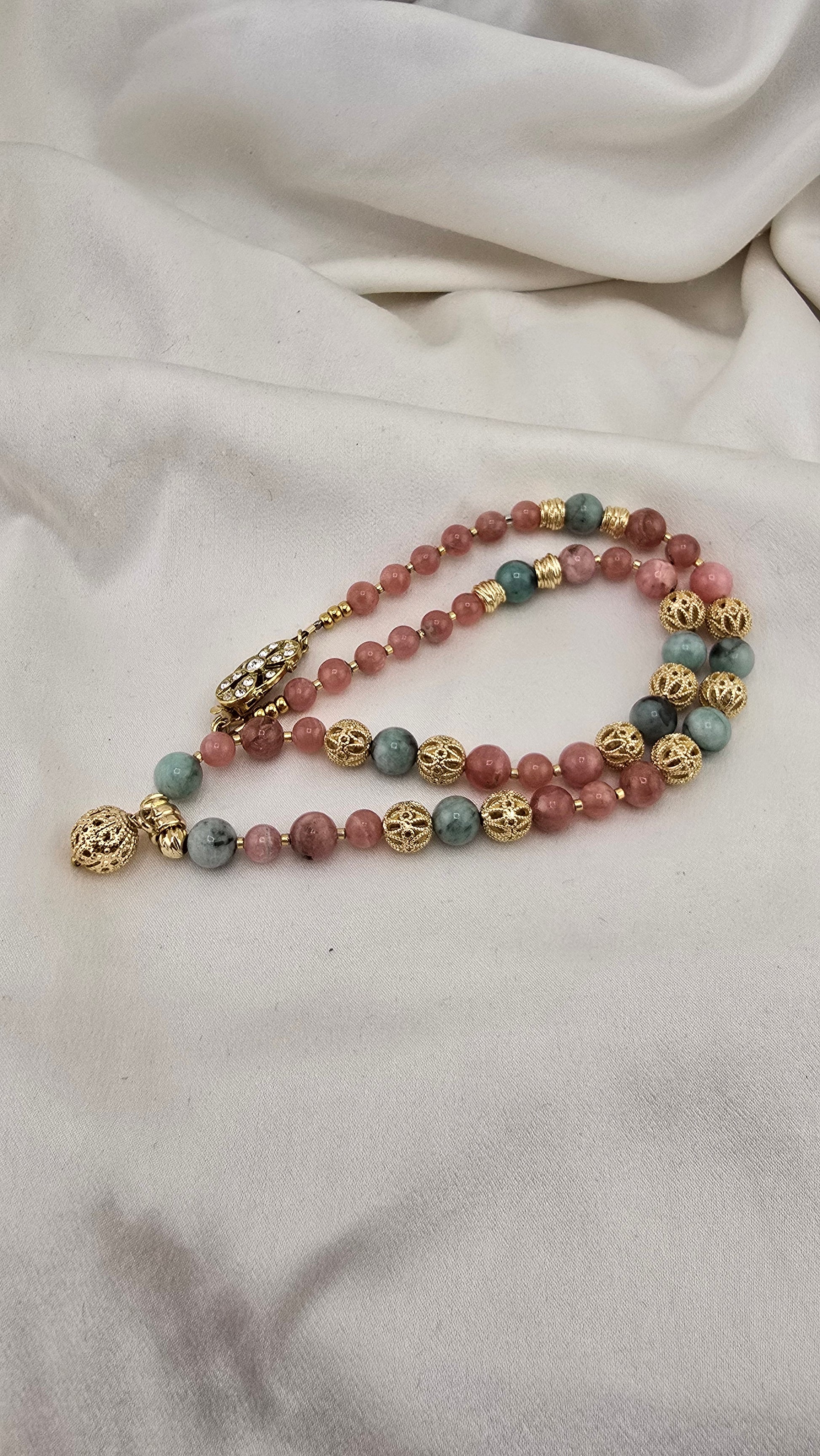 Collier en Emeraude et Rhodochrosite