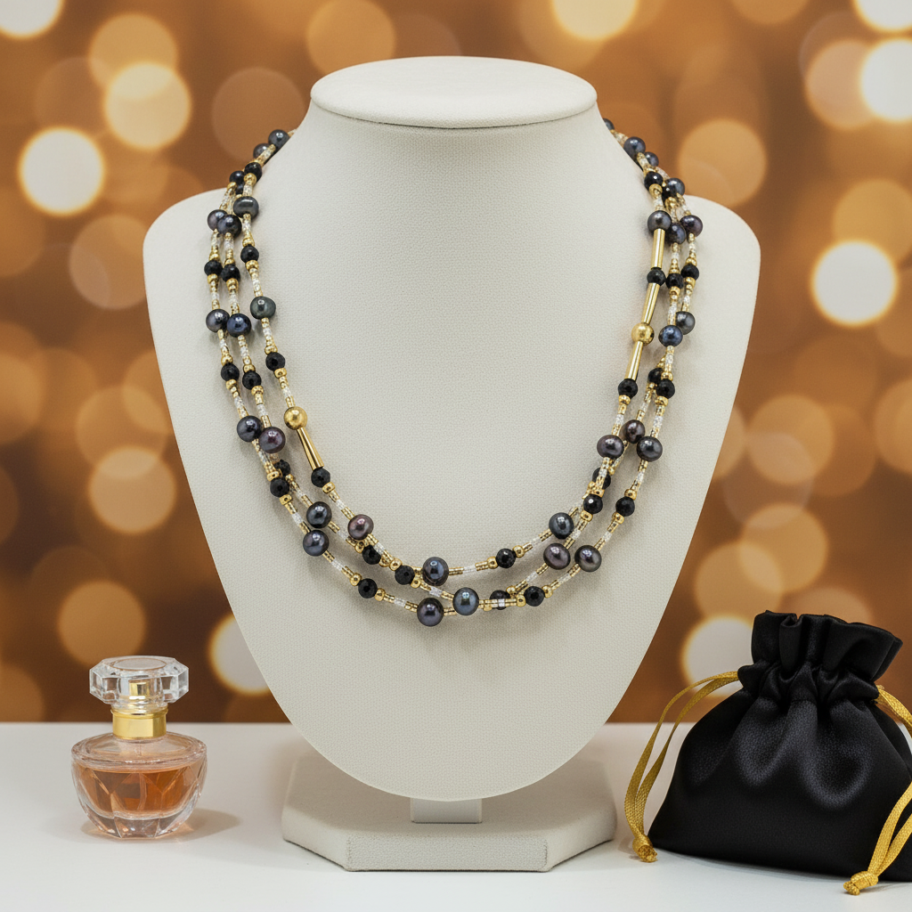 Collier de 3 rangs de perles de culture bleu marine