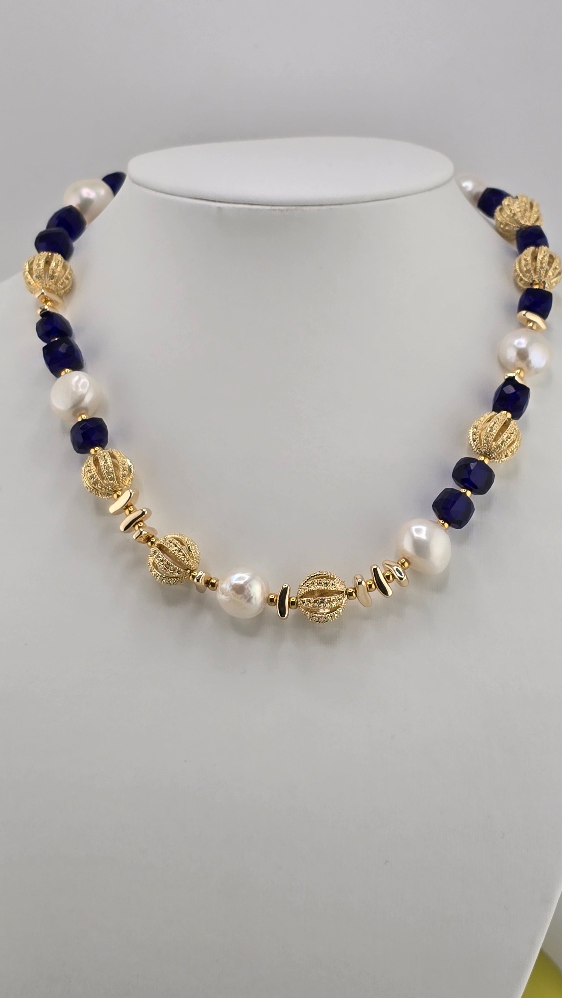 Baroque cultured pearl and blue quartz necklace in its case