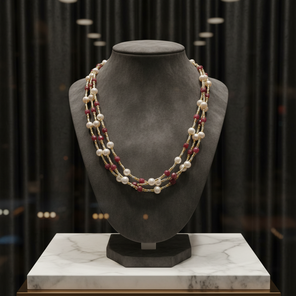 Collier de 3 rangs de perles de culture et rhodonite