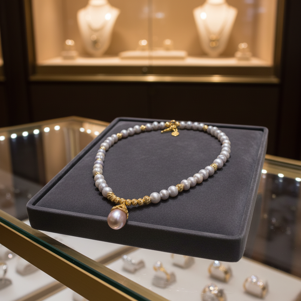 Collier en perles de culture grise et son pendentif baroque