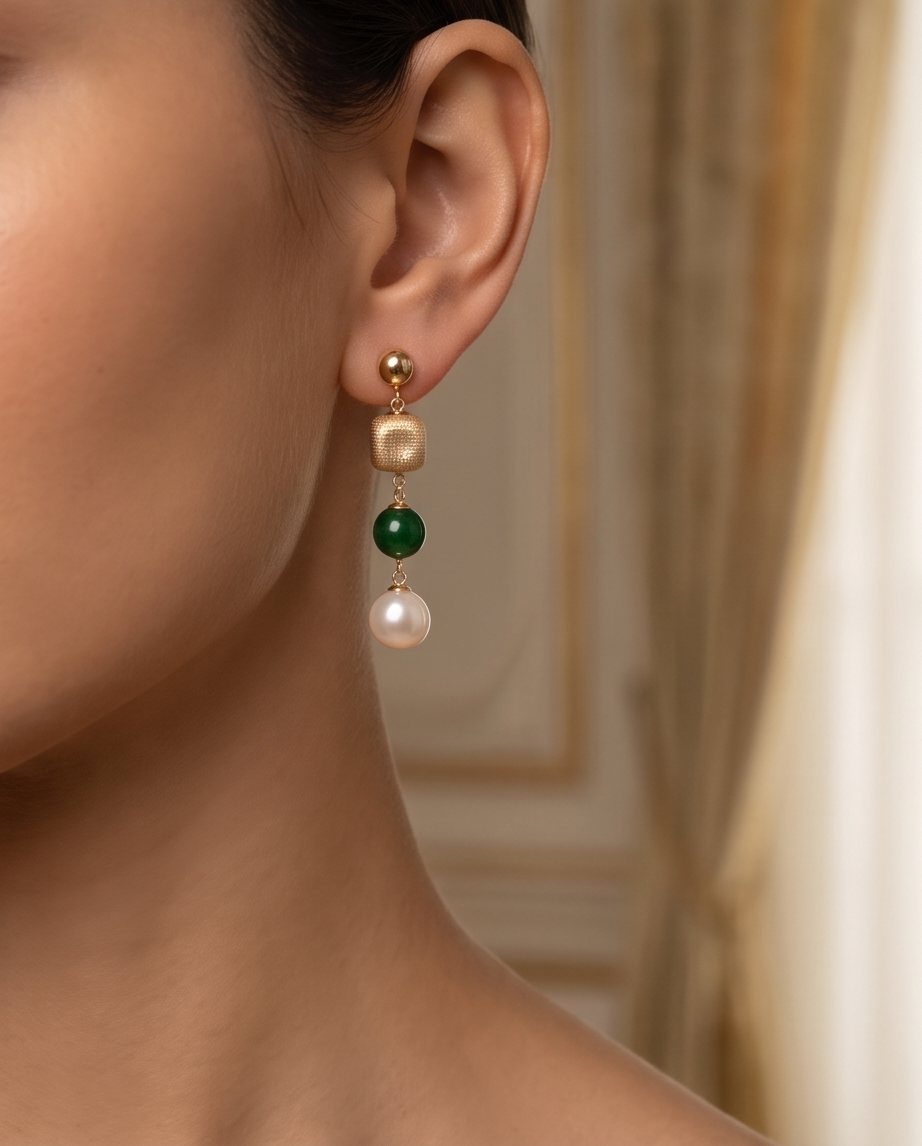 Boucles d'oreilles perles en GF, Emeraude et Perles de culture - Emeraude Heritage