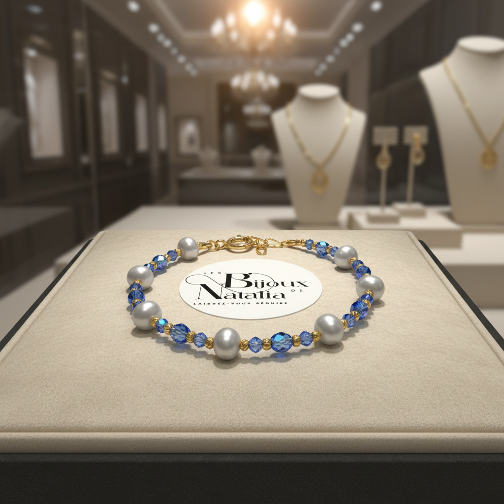 Bracelet en perles de culture et perles de cristal bleu azur