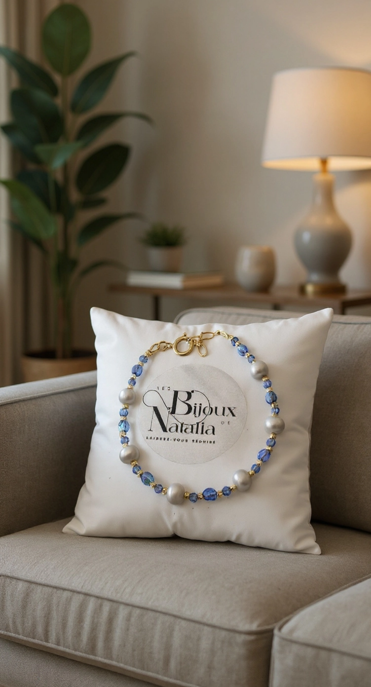 Bracelet en perles de culture et perles de cristal bleu azur