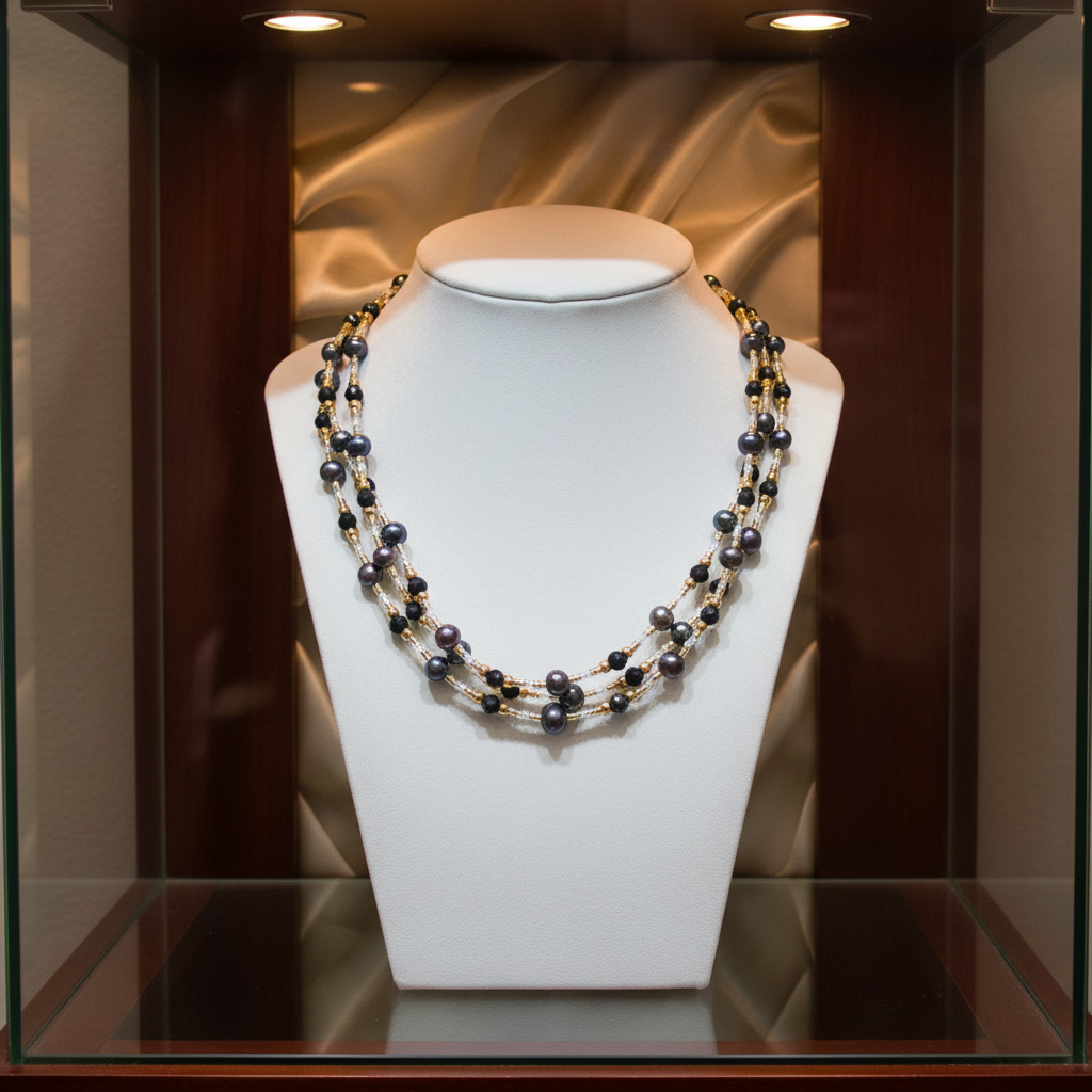 Collier de 3 rangs de perles de culture bleu marine