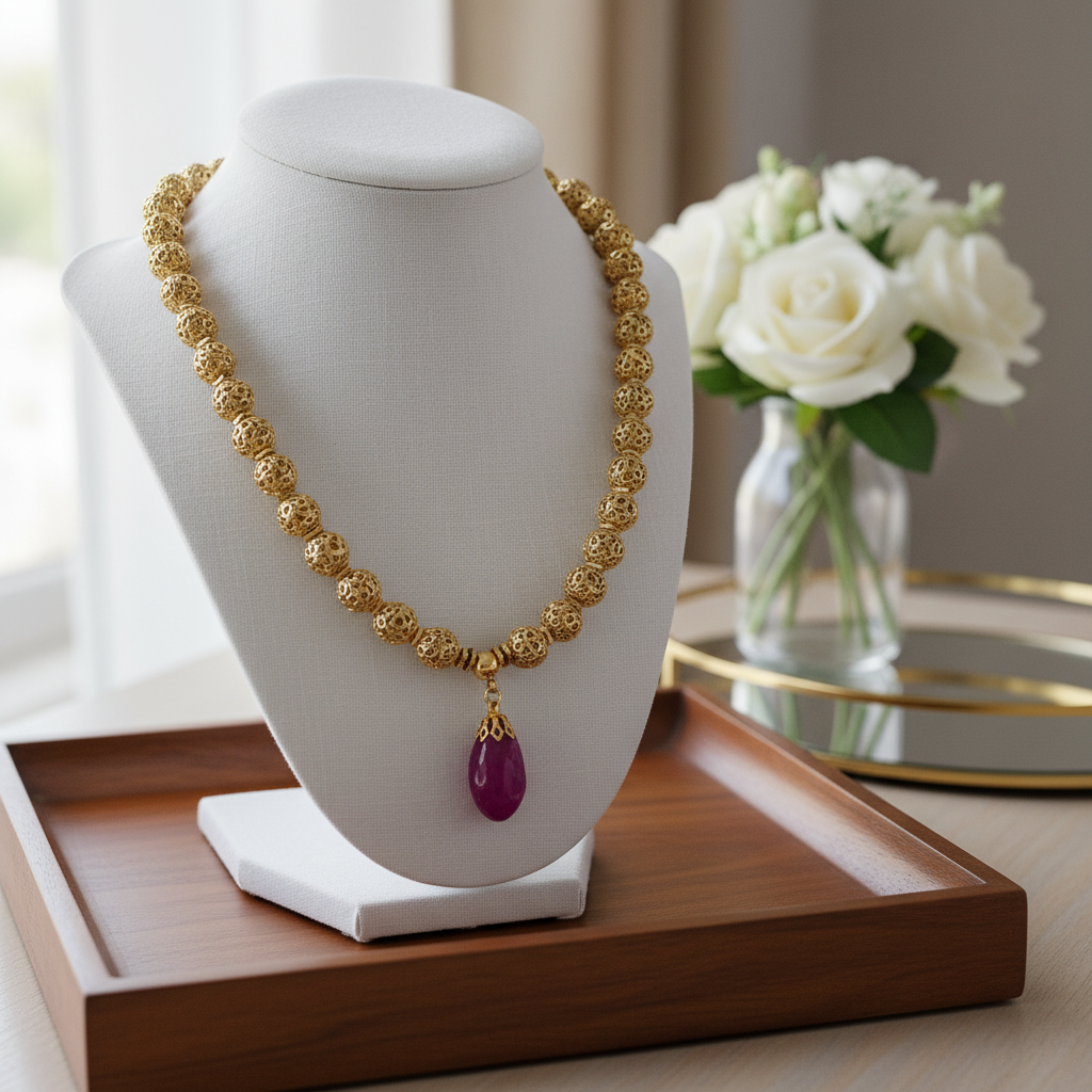 Collier Plaqué or et son pendentif en agate rose