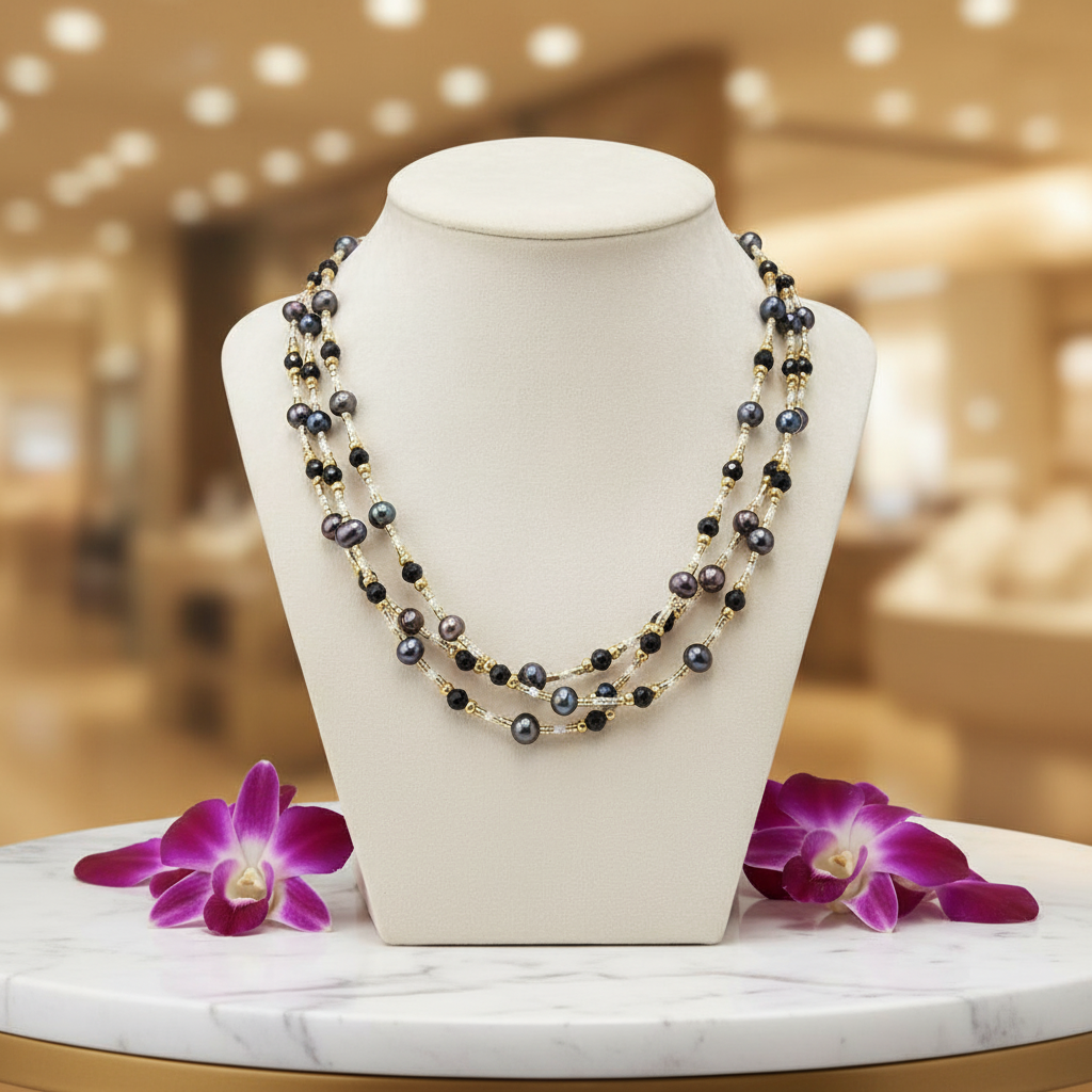 Collier de 3 rangs de perles de culture bleu marine