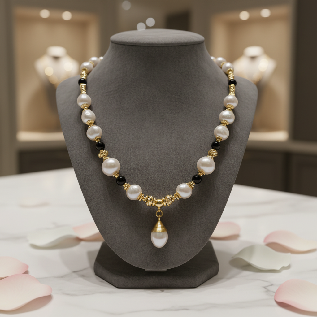 Collier en perles de culture baroque et onyx