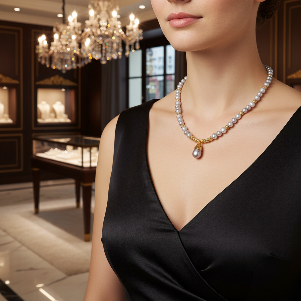 Collier en perles de culture grise et son pendentif baroque